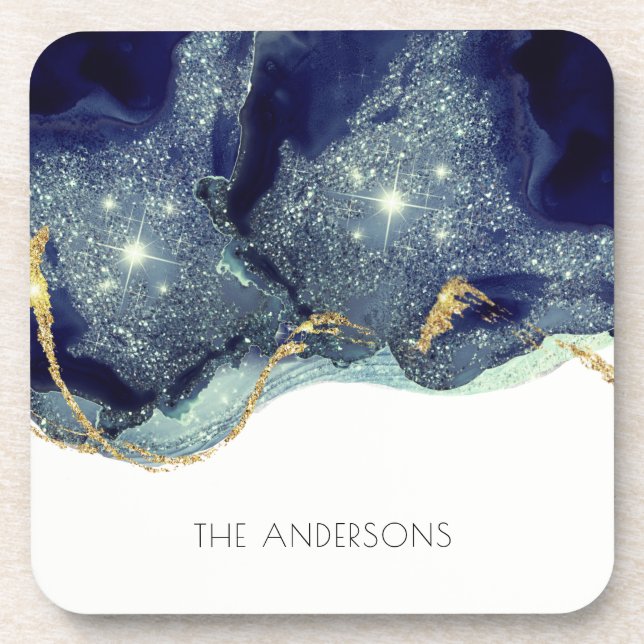 Fluid Abstract Alcohol Ink Gold Navy Glitter  Coaster (Front)