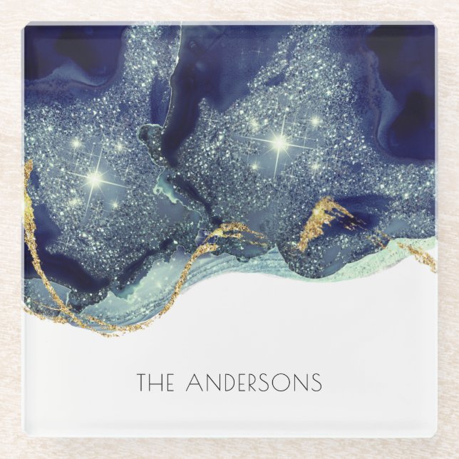 Fluid Abstract Alcohol Ink Gold Navy Glitter Glass Coaster (Front)