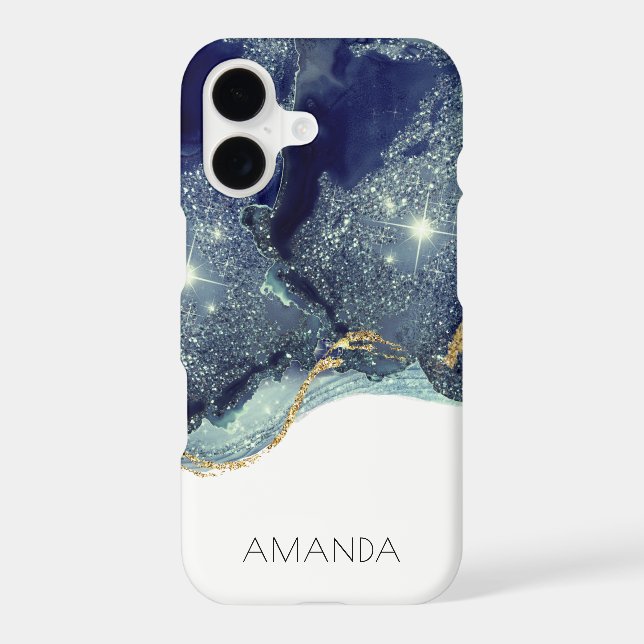 Fluid Abstract Alcohol Ink Gold Navy Glitter iPhone Case (Back)