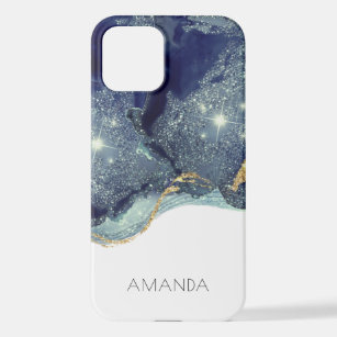 Fluid Abstract Alcohol Ink Gold Navy Glitter iPhone 12 Case