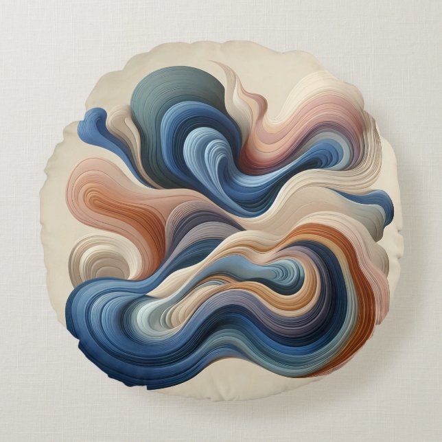Fluid Abstract Flow – Earth & Blue Ribbon Art Round Cushion (Front)