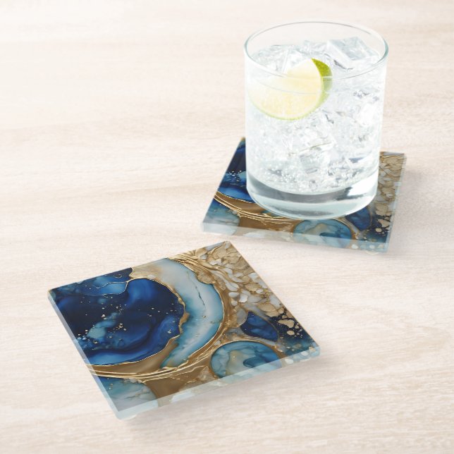 Fluid Abstract Gold-Navy Beach Glass Coaster (Angled)