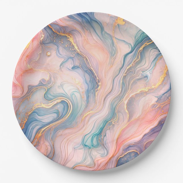 fluid abstract  in pastel blues paper plate (Front)