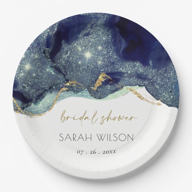 Fluid Abstract Ink Gold Navy Glitter Bridal Shower Paper Plate (Front)