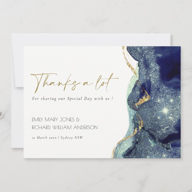 Fluid Abstract Ink Gold Navy Glitter Wedding Thank You Card (Front)