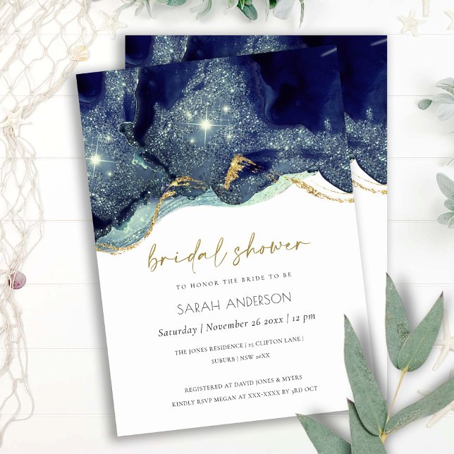 Fluid Abstract Navy Glitter Bridal Shower Invite (Creator Uploaded)