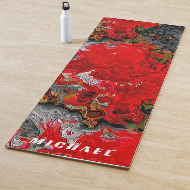 Fluid Abstract Swirls & Shapes Red & Grey Colourfu Yoga Mat (In Situ)