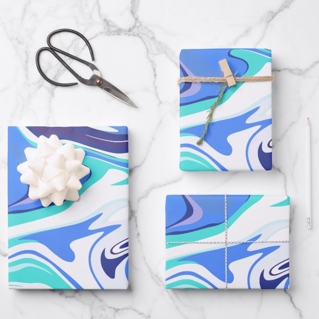 Fluid Abstract Waves in Blue and light Green Wrapping Paper Sheet (Front)