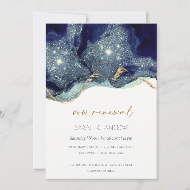 Fluid Alcohol Ink Navy Glitter Vow Renewal Invite (Front)