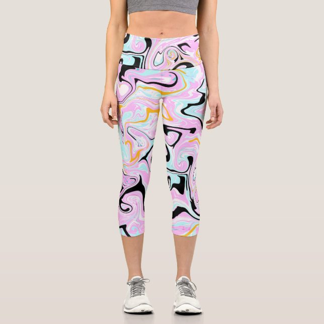 Fluid Art  Cotton Candy Pink, Teal, Black and Gold Capri Leggings (Front)