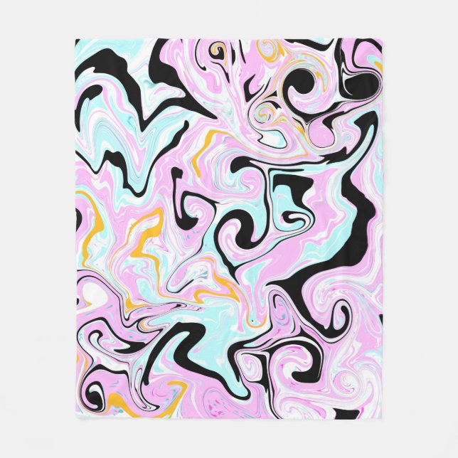 Fluid Art  Cotton Candy Pink, Teal, Black and Gold Fleece Blanket (Front)