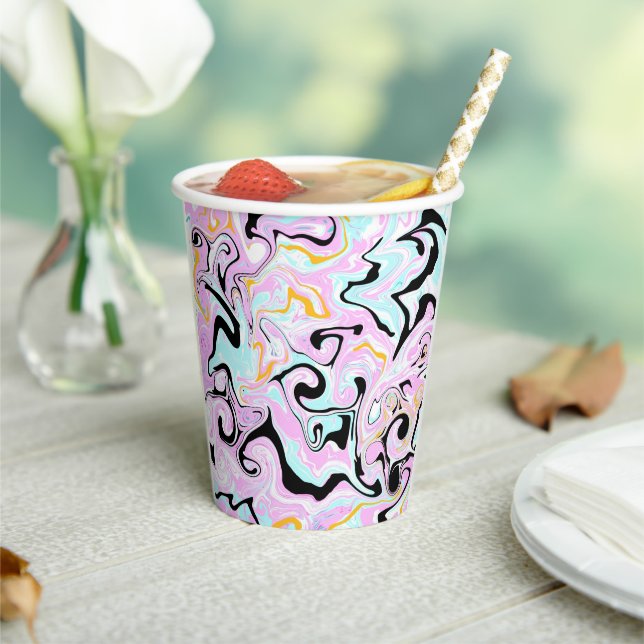 Fluid Art  Cotton Candy Pink, Teal, Black and Gold Paper Cups (Insitu)