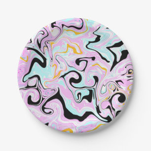Fluid Art  Cotton Candy Pink, Teal, Black and Gold Paper Plate