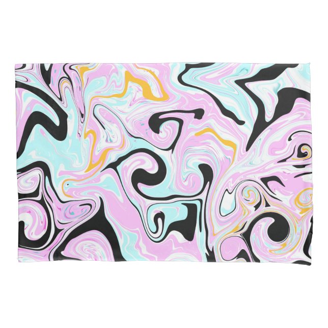 Fluid Art  Cotton Candy Pink, Teal, Black and Gold Pillowcase (Front)