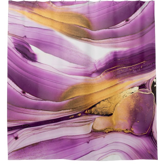 Fluid art, lilac gold marbled texture. shower curtain (Front)