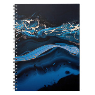 Fluid Art. Liquid Metallic Gold in abstract blue w Notebook