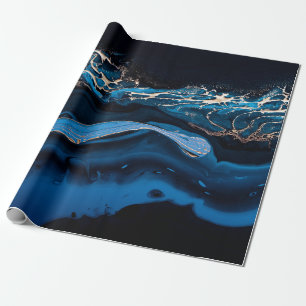 Fluid Art. Liquid Metallic Gold in abstract blue w Wrapping Paper