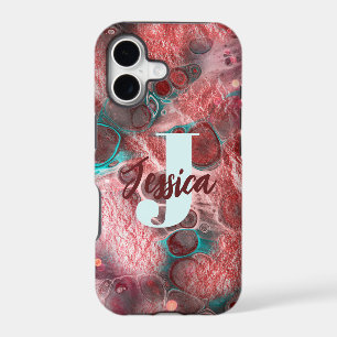Fluid Art Red Teal Foil Sparkling Accents Monogram