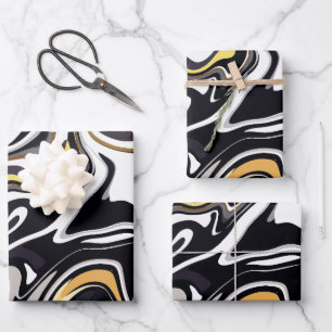 Fluid Art with Gold, Black, and White Swirls Wrapping Paper Sheet