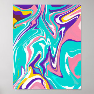 Fluid Art with Pink, Turquoise, and Yellow Swirls Poster