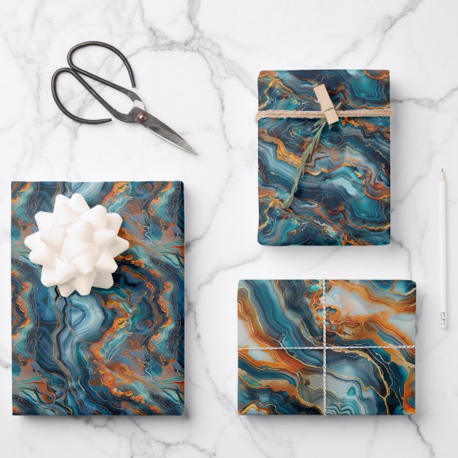Fluid Geological Formations with Vibrant Blues Wrapping Paper Sheet (Front)
