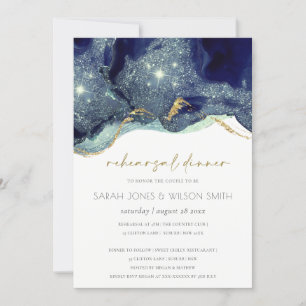 Fluid Gold Navy Glitter Rehearsal Dinner Invite