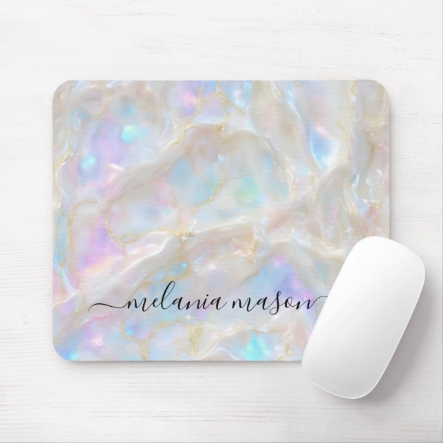 Fluid Gold Opal Gemstone Marble Monogram Mouse Mat (With Mouse)