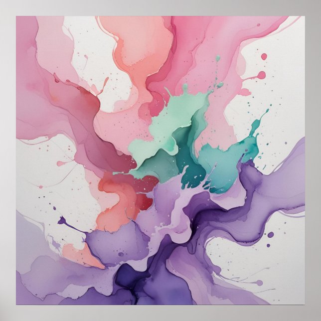 Fluid Harmony – Abstract Watercolor in Teal, Pink  Poster (Front)