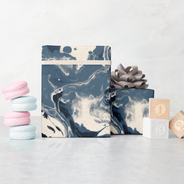 Fluid Ink Indigo Black Splash Abstract Pattern Wrapping Paper (Baby Shower)