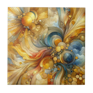 Fluid Lines and Circles Golden Abstract Watercolor Tile