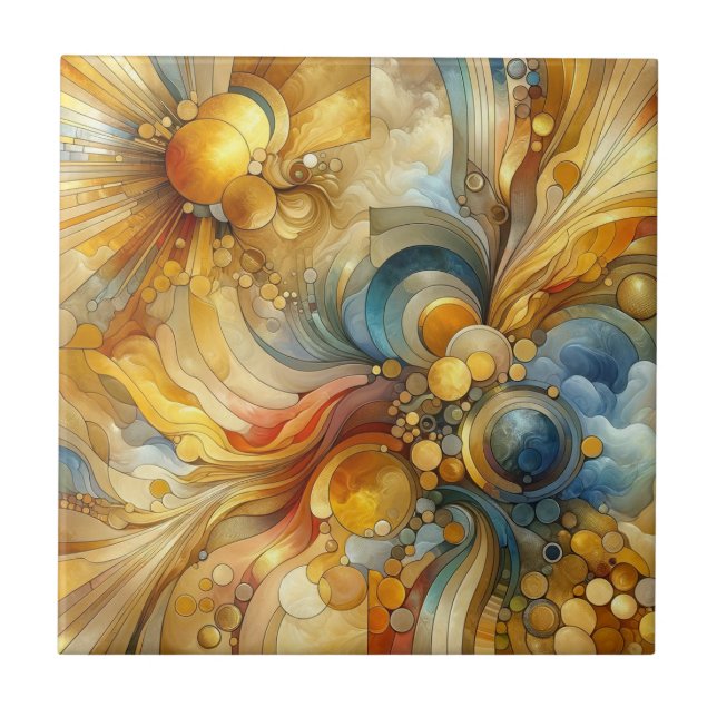 Fluid Lines and Circles Golden Abstract Watercolor Tile (Front)