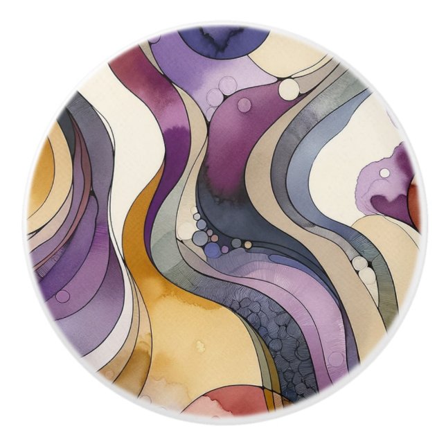 Fluid lines purple and golden abstract watercolor ceramic knob (Front)