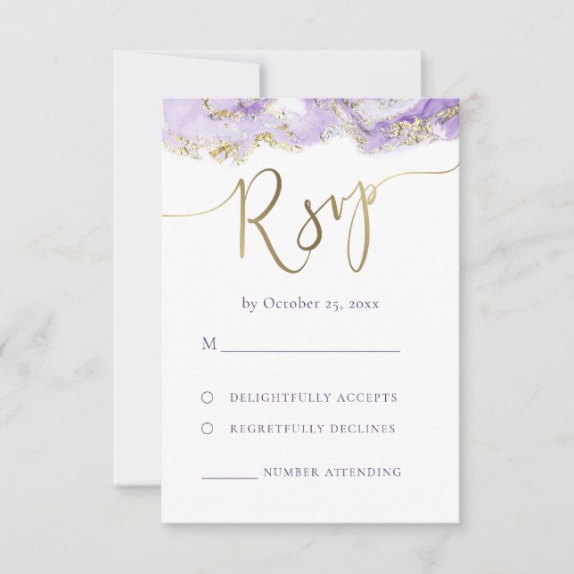 fluid marble lavender gold RSVP wedding Card (Front)