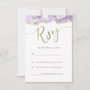 fluid marble lavender gold RSVP wedding Card