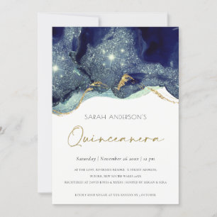 Fluid Navy Glitter Quinceañera 15 Birthday Invite