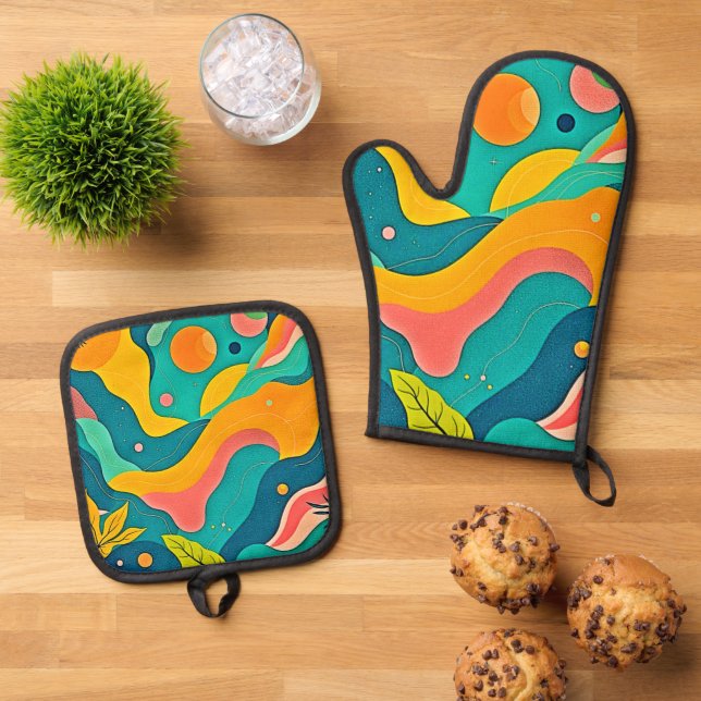 Fluid Organic Shapes Art Oven Mitt & Pot Holder Set (Top Down)