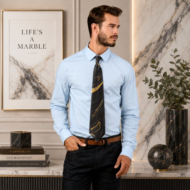 Fluid Swirl Marble Golden Black Neck Tie (Creator Uploaded)