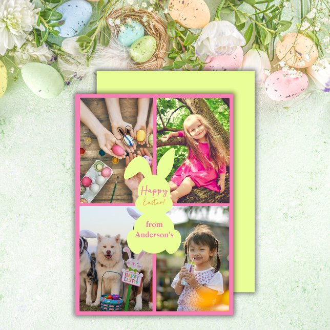 Fluo Happy Easter Bunny Ears 4 Photos Collage Holiday Card (Creator Uploaded)