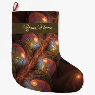 Fluorescent Abstract Modern Brown Fractal Own Name Large Christmas Stocking
