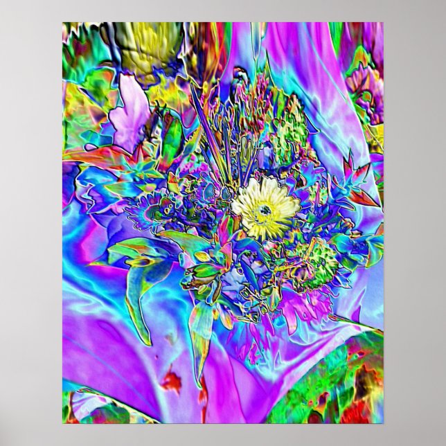 Fluorescent Blue, Lavender & Yellow Floral Poster (Front)