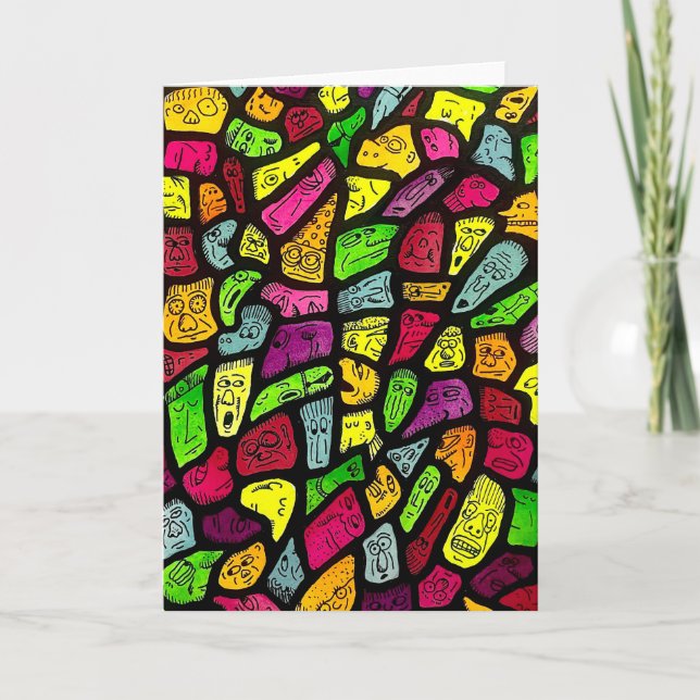 Fluorescent Cartoon Weird Faces Drawing Card (Front)