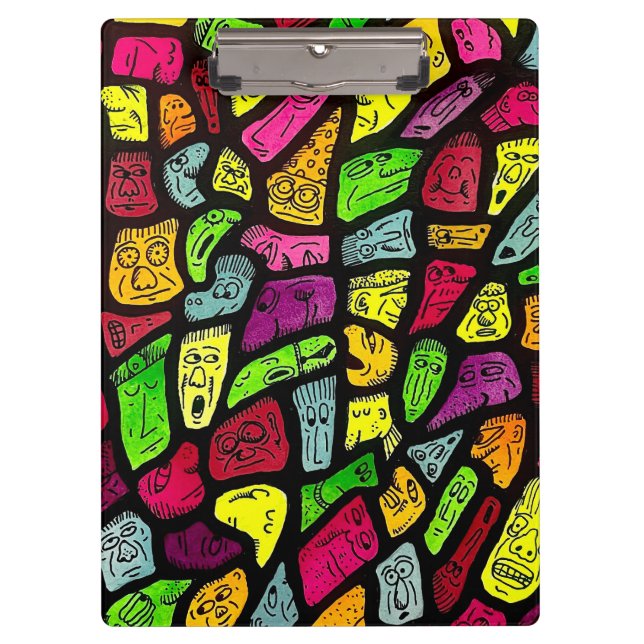Fluorescent Cartoon Weird Faces Drawing Clipboard (Front)