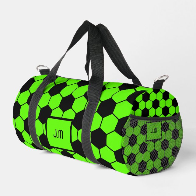 Fluorescent neon green soccer fan player initials  duffle bag (Right Corner)