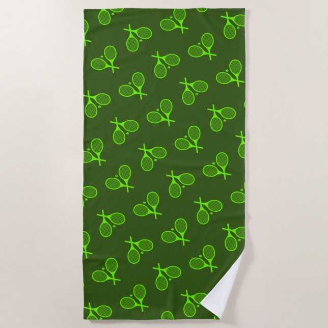 Fluorescent Neon Green Tennis Rackets Retro Beach Towel (Front)