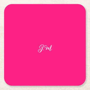 Fluorescent neon pink solid colour initials name square paper coaster