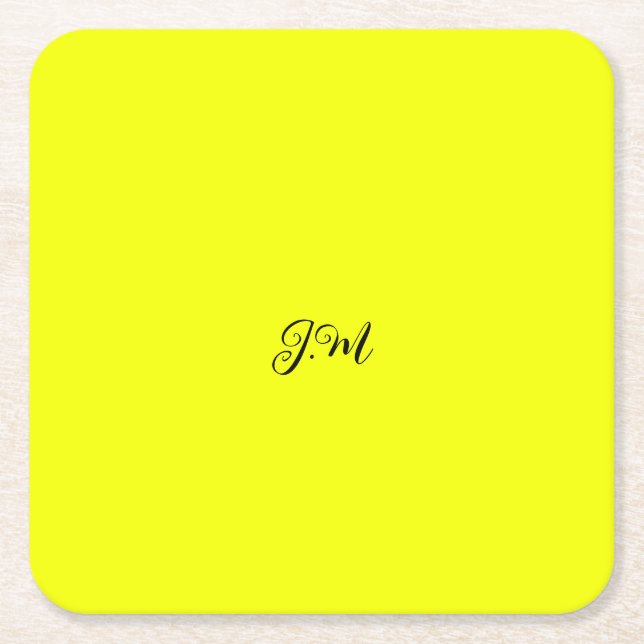 Fluorescent Neon Yellow Initials Name Square Paper Coaster (Front)