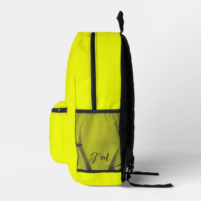 Fluorescent noen yellow solid colour initials name printed backpack (Right)