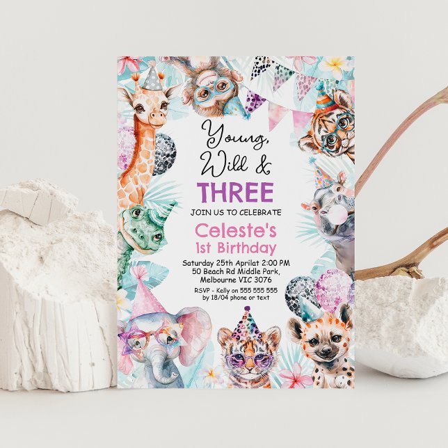 Fluorescent Pink Young Wild Three Safari Birthday  Invitation (Young, Wild and Three Safari Birthday Invitation, Young, Wild and Three Invite, Safari Invite)