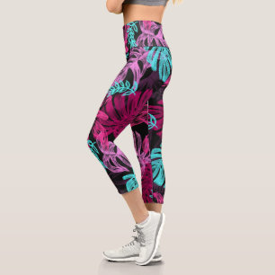 Fluorescent tropical palm leaves capri leggings