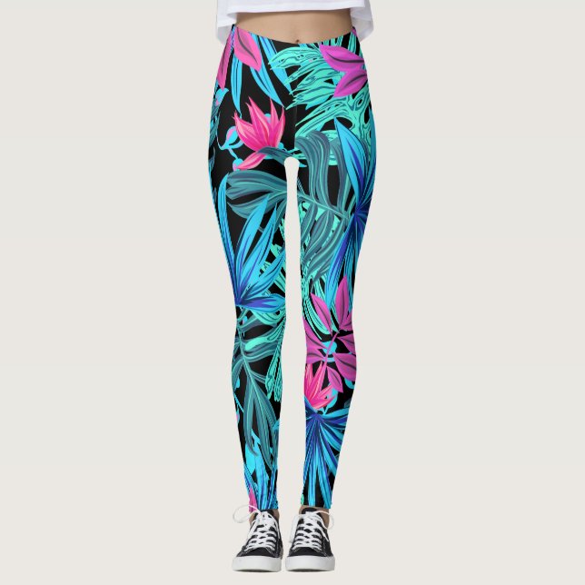 Fluorescent tropical palm leaves leggings (Front)